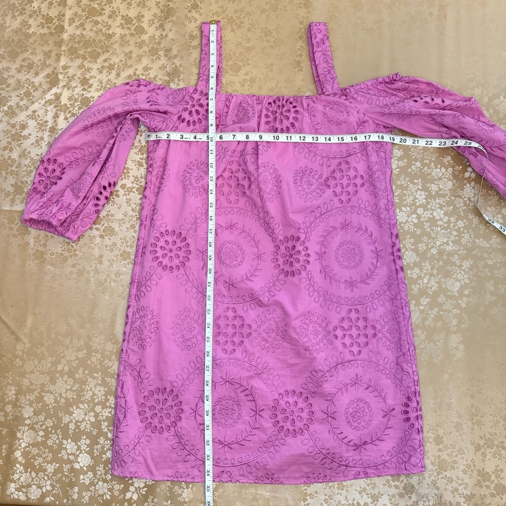 Trina Turk Pink Eyelet Off-Shoulder Sleeved Cotton Dress M NWT Party Wedding - Picture 4 of 9